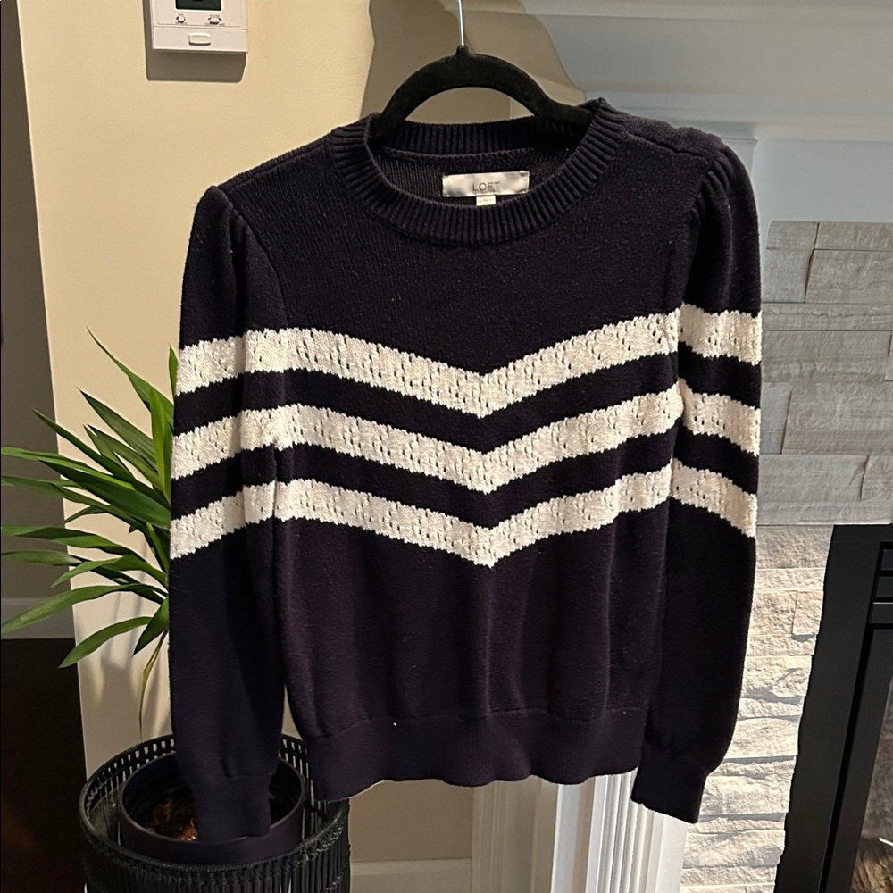 LOFT Dark Blue Sweater with White Chevron Stripes